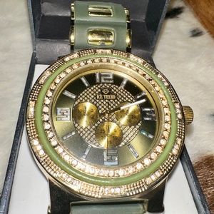 Brand New Charles Raymond Green Silicon & Bling Men’s Watch Swiss Style Crystals